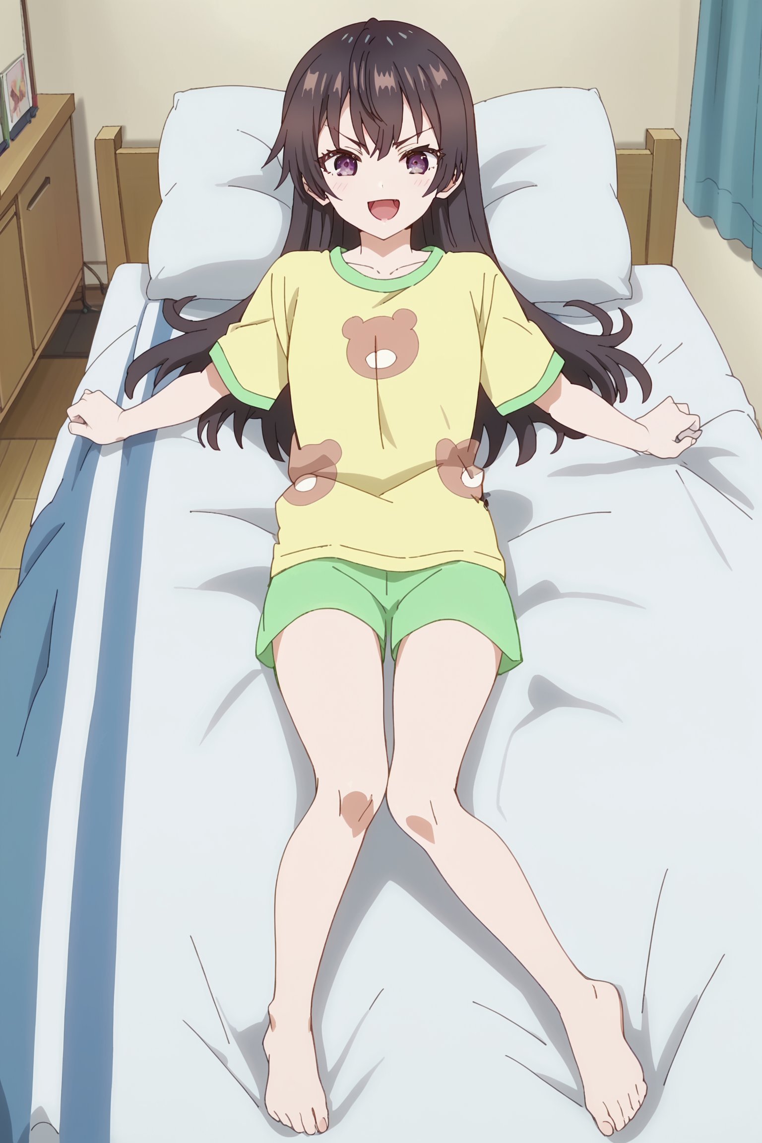 score_9, score_8_up, score_7_up, source_anime, indoors, official anime artwork, screencap, anime screencap, masterpiece,<lora:Yuki_Suou:1>1girl, Yuki bear outfit, long hair, purple eyes, brown hair, bangs, yellow shirt, green shorts, barefoot, girl lying on her back, smiling, mouth open, on a bed with a pillow, full body shot, happy girl