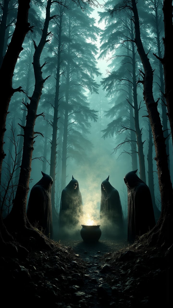 "Witches gathered around a bubbling cauldron in the heart of a haunted forest, performing an ancient ritual to summon spirits."      , aidmaHalloweenBoost