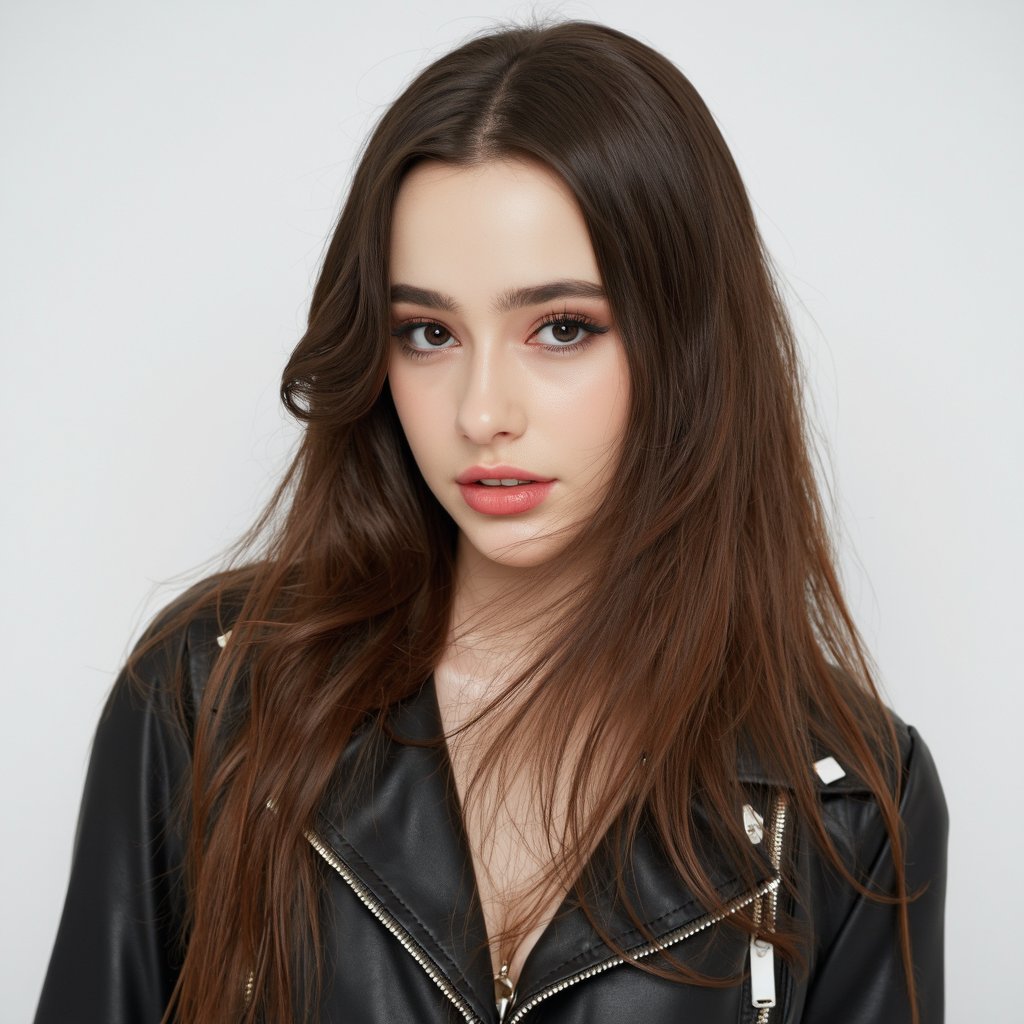 A portrait of dasha_taran with long, flowing brown hair. She wears a black leather jacket with white zippers. Her makeup is bold, featuring dark eyeliner and red lipstick. The background is plain white, highlighting the subject. The style is contemporary, emphasizing the subject's natural beauty and the texture of her hair.