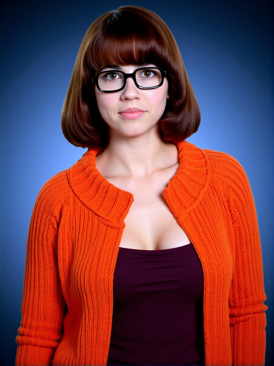 The image is a high-resolution photograph of a young woman with a fair complexion and a medium build. She has a straight, shoulder-length, auburn bob with blunt bangs that frame her face. She wears black, rectangular eyeglasses that accentuate her light brown eyes. Her expression is neutral, with a slight hint of a smile. She is dressed in a vibrant, orange, textured, cable-knit cardigan over a dark purple top. The background is a smooth, gradient of blue hues that transitions from a darker shade at the top to a lighter shade at the bottom, creating a soft, blurred effect that keeps the focus on the subject. The lighting is even, with no harsh shadows, highlighting the texture of her clothing and the smoothness of her skin. The overall style of the photograph is professional, with sharp details and a clean, well-lit composition that emphasizes the subject's features and attire. The image is likely taken in a studio setting, given the controlled background and lighting.. Velma in short skirt,<lora:Velma_Flux_V1:1>