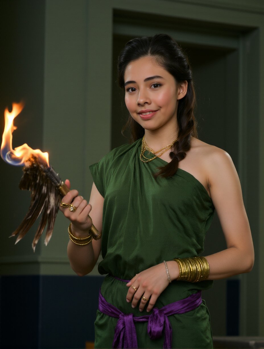 The image is a photograph featuring a woman in a classical, historical setting. She is dressed in a green, draped garment reminiscent of ancient Greek or Roman attire, with a purple undergarment visible. Her hair is styled in an elaborate updo, with a thick, dark brown braid cascading over her right shoulder. She holds a bundle of feathers in her right hand, which are intricately woven and possibly symbolic.The woman's expression is composed and confident, with a slight smile. Her skin is fair, and she has a natural makeup look with a subtle, dark pink lipstick. Her eyes are a striking blue, adding to her regal appearance.In the background, there is a muted, textured green wall that contrasts with the bright flame of a torch held in her left hand. The flame is vividly orange and yellow, with a hint of blue at the base, casting a warm glow on her face and the surrounding area.The overall style of the image is dramatic and theatrical, suggesting a historical or fantasy narrative. The lighting is soft and even, highlighting the details of her attire and the flame. The photograph captures a moment of strength and elegance in a timeless, mythical context.,Xochitl Gomez,<lora:Xochitl_Gomez:1>