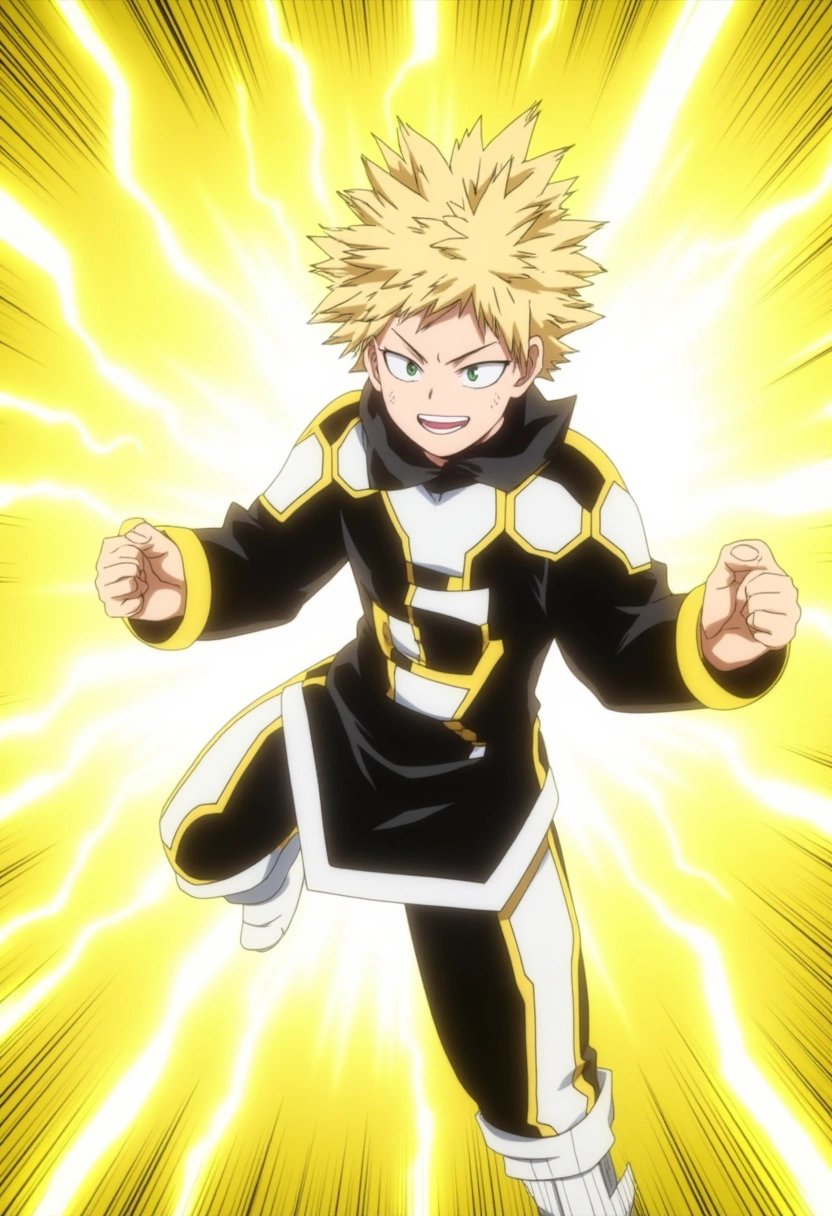 Denki Kaminari, a teenage boy with blonde hair styled in a jagged, electrified fashion. He wears a black and white hero suit with a lightning bolt design on his chest. His carefree smile contrasts with the intense yellow electricity sparking around his body as he prepares to release a powerful attack. boku_no_hero_academia_style