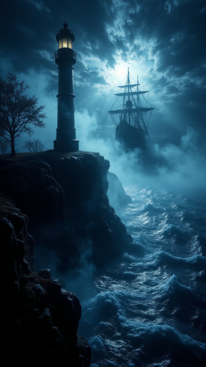 "A ghostly lighthouse on a cliff, overlooking a stormy sea with spectral ships appearing in the distance, all bathed in an otherworldly glow."       , aidmaHalloweenBoost