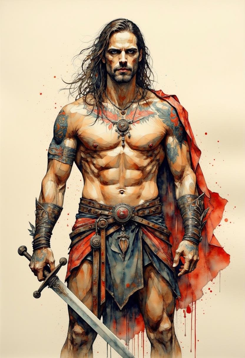 A watercolor painting of a muscular man with long hair and a fierce expression on his face. He is holding a sword in his r...