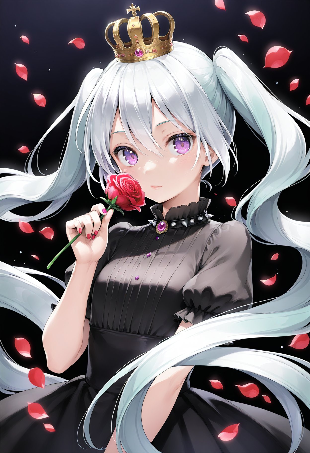 1girl, flower, solo, long hair, petals, crown, white hair, holding flower, holding, black background, twintails, rose, short sleeves, red flower, upper body, very long hair, hatsune miku, hair between eyes, puffy sleeves, looking at viewer, nail polish, puffy short sleeves, closed mouth, simple background, spikes, purple eyes, mini crown, floating hair, red rose, pink eyes, black shirt, shirt, dress, rose petals, hand up, black dress