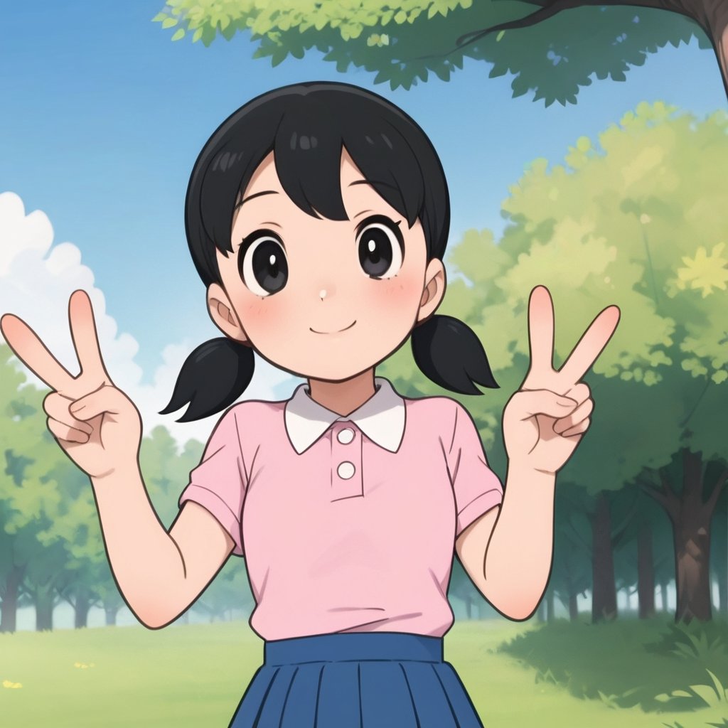 score_9, score_8_up, score_7_up, score_6_up, score_5_up, score_4_up, source_anime,minamoto shizuka,1girl, solo,1girl, solo, v, twintails, black hair, skirt, double v, smile, outdoors, shirt, blue skirt, looking at viewer, black eyes, pleated skirt, short sleeves, pink shirt, blush, closed mouth, day, tree, collared shirt, short twintails, low twintails, upper body, grass,masterpiece, perfect face, best quality, beautiful girl, cute girl, beautiful eyes, shiny eyes, anime coloring, anime screencap, absurdres, outdoors,<lora:minamoto shizuka auti 930 1:0.8>