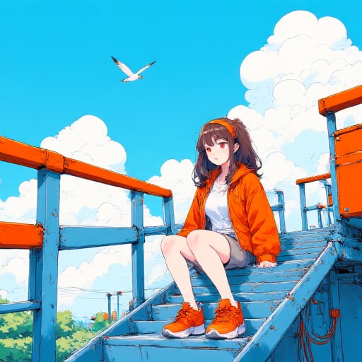 anime style image of a young woman sitting on a blue and orange staircase, set against a bright, clear blue sky with fluffy white clouds. She has long, dark brown hair, tied back with an orange headband, and wears an orange jacket over a white shirt and gray shorts. Her expression is thoughtful and slightly melancholic. Her footwear consists of orange sneakers with white soles. The background includes a flying seagull. The staircase railing is a mix of blue and orange, with a few wires and pipes visible, giving the scene a slightly industrial feel.