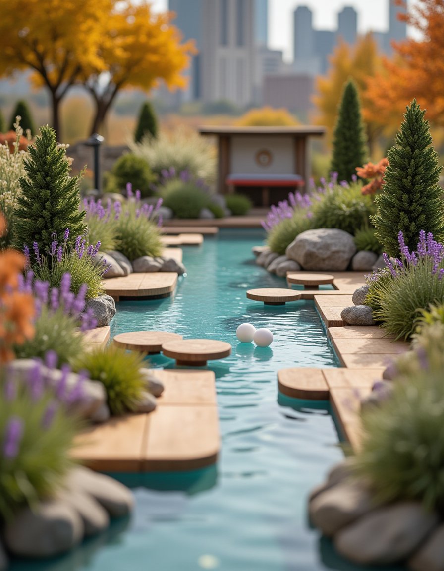 Ceramic,Pool,Landscape,Architecture,Blurring,Trees,Outdoor,City,Lavender,Flowers,Wooden Boards,Ping Pong Balls,Ping Pong Races,Luminous Spheres. This image showcases a carefully crafted miniature urban landscape with intricate details and a warm autumn background.,