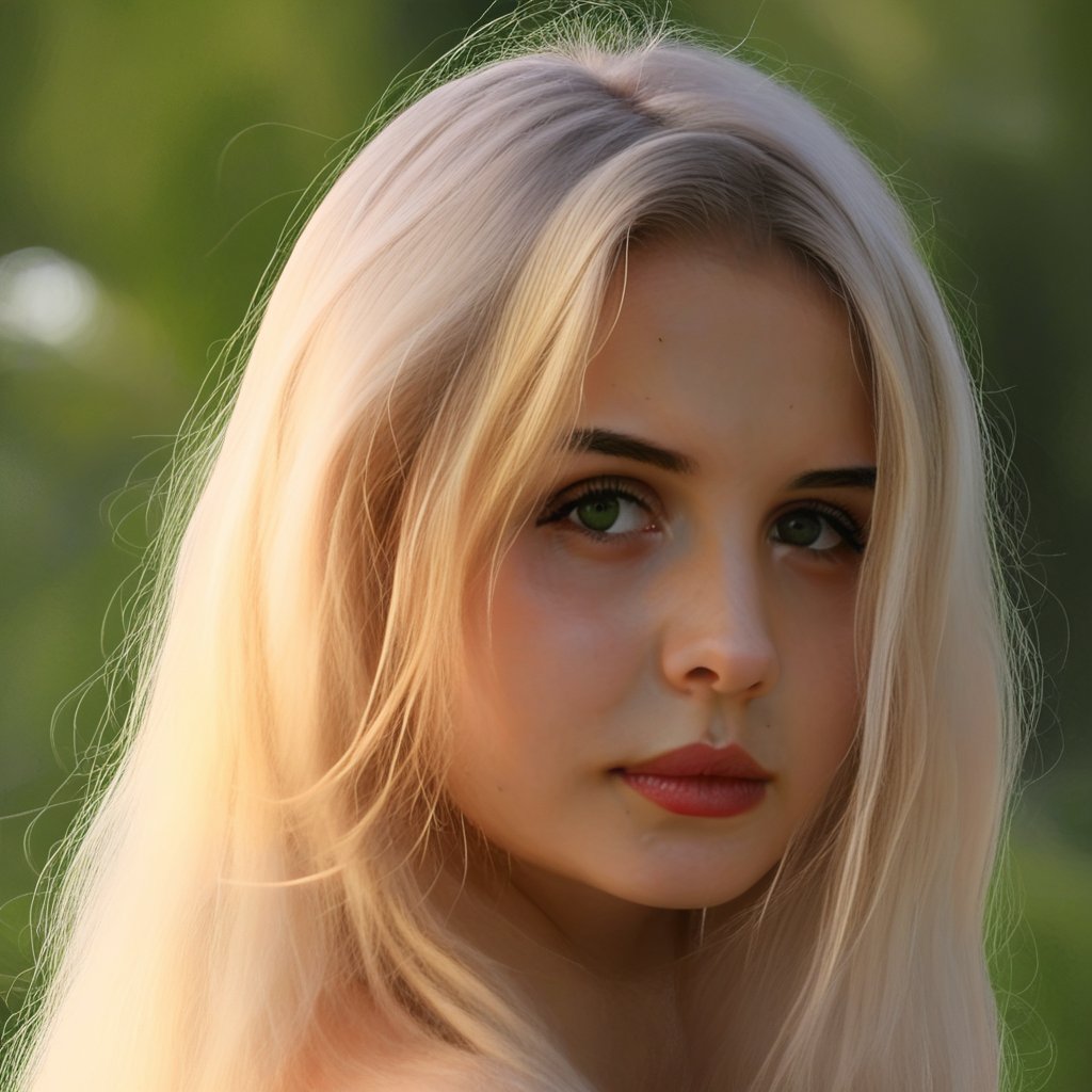 mikas, 1girl, solo, realistic, portrait, blonde hair, long hair, beautiful, green eyes, uncensored