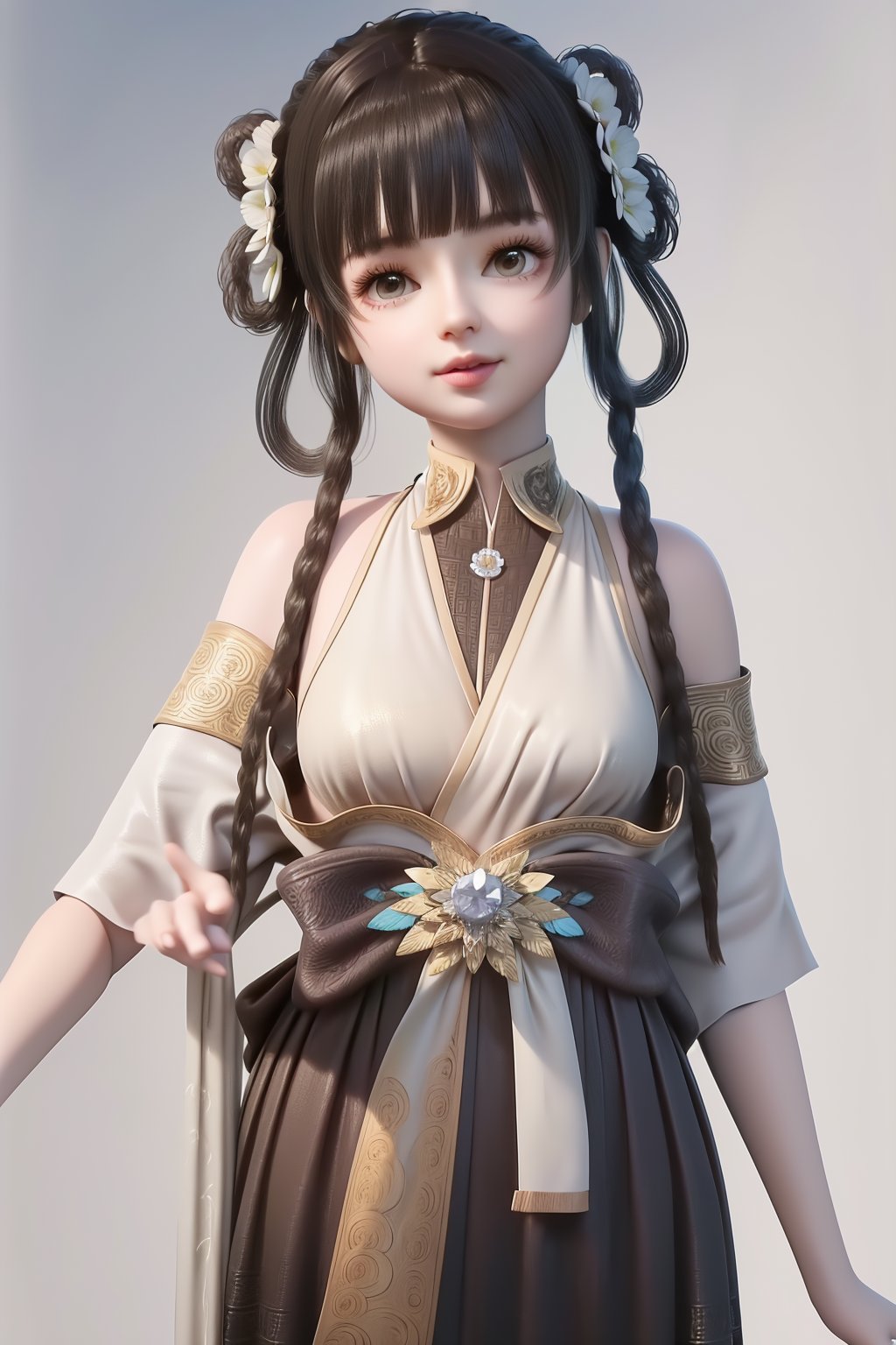 (8k, RAW photo, best quality, masterpiece:1.2),(realistic, photorealistic:1.3),ultra-detailed,extremely detailed cg 8k wallpaper,(crystalstexture skin:1.2),extremely delicate and beautiful,1girl artist name bangs bare shoulders black hair blunt bangs braid breasts brown eyes brown hair china dress chinese clothes closed mouth double bun dress eyelashes flower gradient gradient background grey background hair flower hair ornament hair rings jewelry lips long hair looking at viewer makeup sleeveless sleeveless dress smile solo standing twin braids,