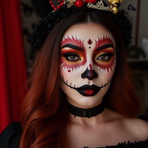 A woman in a Halloween costume with detailed face makeup