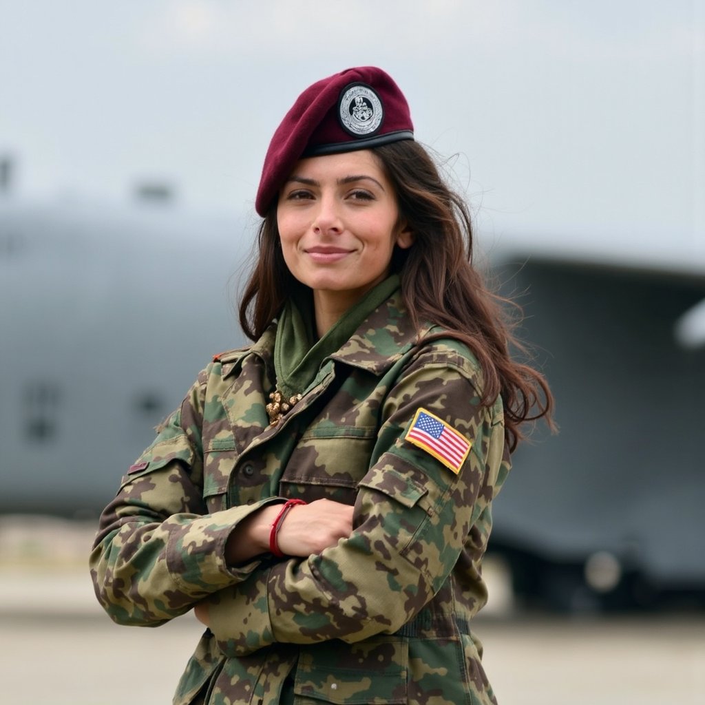 A portrait of sarahshahi in a military uniform, standing outdoors. She wears a burgundy beret with a silver emblem, a camouflage jacket with a american flag patch, and a green scarf. Her arms are crossed, and she looks directly at the camera with a slight smile. In the background, a large military aircraft is visible against a cloudy sky. The image style is candid and natural, depicting a moment of stillness.