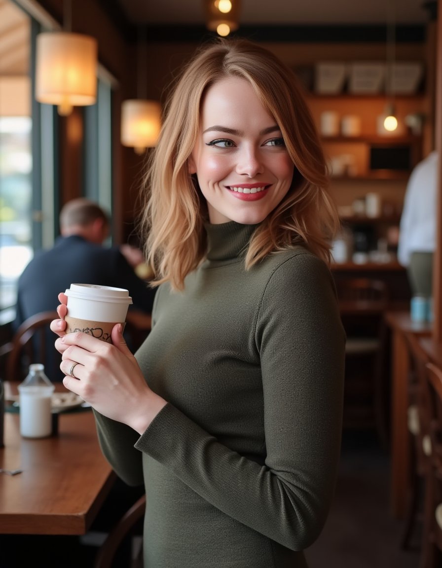 <lora:Emma_Stone_r2:1>  realistic photo of emmastone,  wearing a fitted turtleneck sweater dress,  in a cafe having a coffee. looking at viewer smiling 