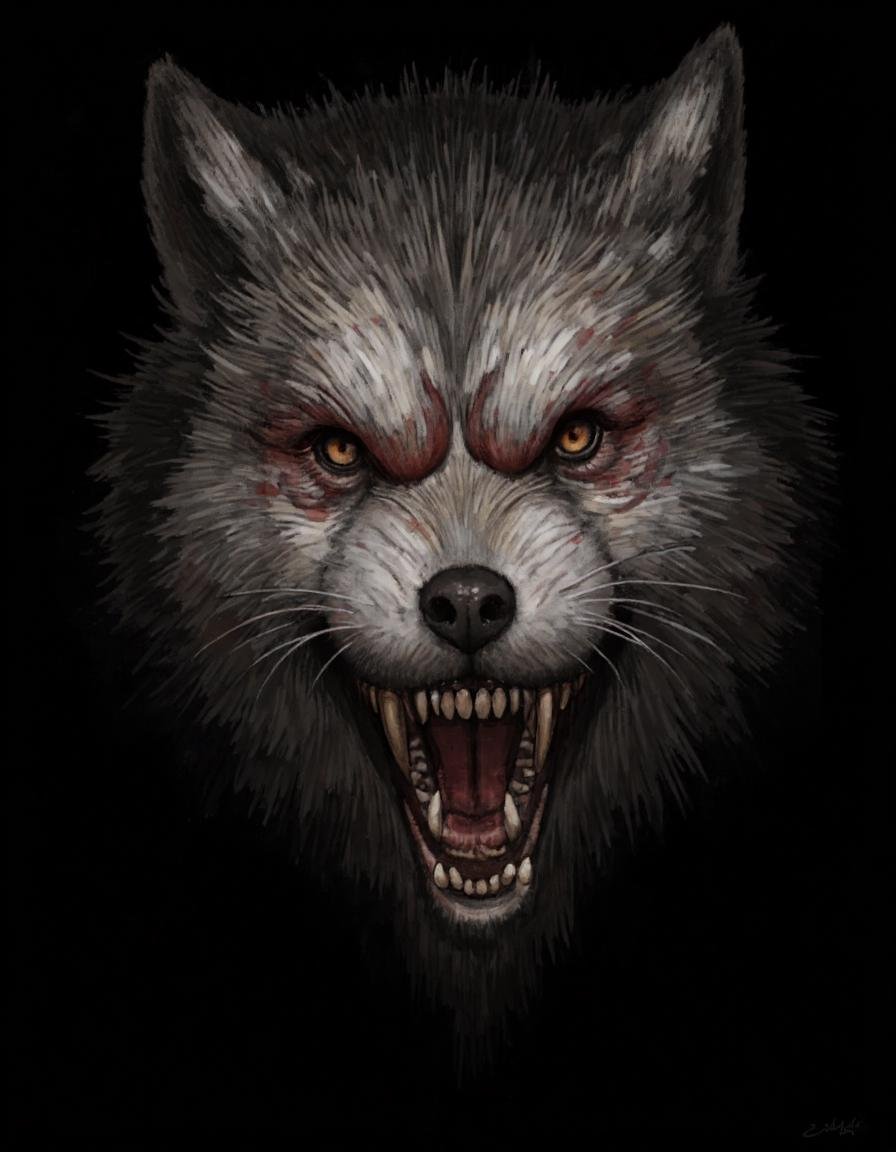 The image is a digital painting of a wolf's head and neck. The wolf appears to be in a dark and moody setting,  with a bla...