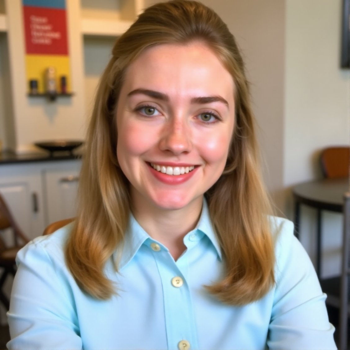 This photograph features a young woman with a fair complexion and straight, shoulder-length blonde hair that frames her face. Her hair is styled in a sleek bob with a slight side part, and she has a smooth, even complexion with a natural, radiant glow. She has well-groomed eyebrows, long, dark lashes, and is wearing a light pink lipstick that adds a subtle pop of color to her lips. Her eyes are a light brown, and she has a warm, friendly smile that reveals her straight, white teeth.She is dressed in a simple, light blue shirt made of soft, smooth fabric that contrasts with her hair color. The background is slightly blurred, but it appears to be a modern, indoor setting, possibly a salon or a studio, with neutral tones of beige and white. There are indistinct shapes and colors in the background, suggesting various pieces of furniture or equipment typical to such settings. The overall style of the photograph is contemporary and professional, emphasizing the subject's natural beauty and friendly demeanor. The lighting is soft and even, highlighting her features without creating harsh shadows.,Hillary_Clinton, <lora:Hillary_Clinton_Flux_V1:1>