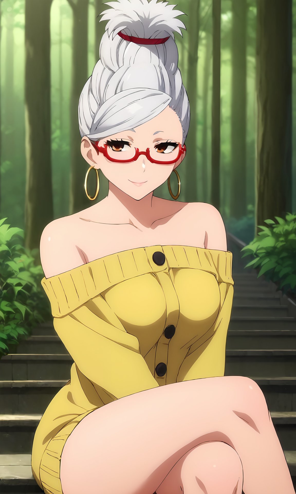 score_9, score_7_up, source_anime, <lora:ayase_seiko-pony:1>, seiko_wz, white hair, long hair, hair bun, single hair bun, large breasts, sweater, yellow sweater, clavage, off shoulders, red glasses, hair ornament, hoop earrings, sitting, stairs, forest, crossed legs, sitting,  seductive smile, bare shoulders, no bra,  buttons, <lora:Fine_Anime_Screencap-ponyV1:1> fine anime screencap_xl, anime_screencap, anime coloring