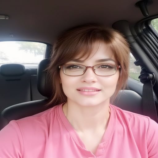 pink shirt, solo, parted lips, car interior, smile, motor vehicle, striped, brown eyes, glasses, hair over one eye