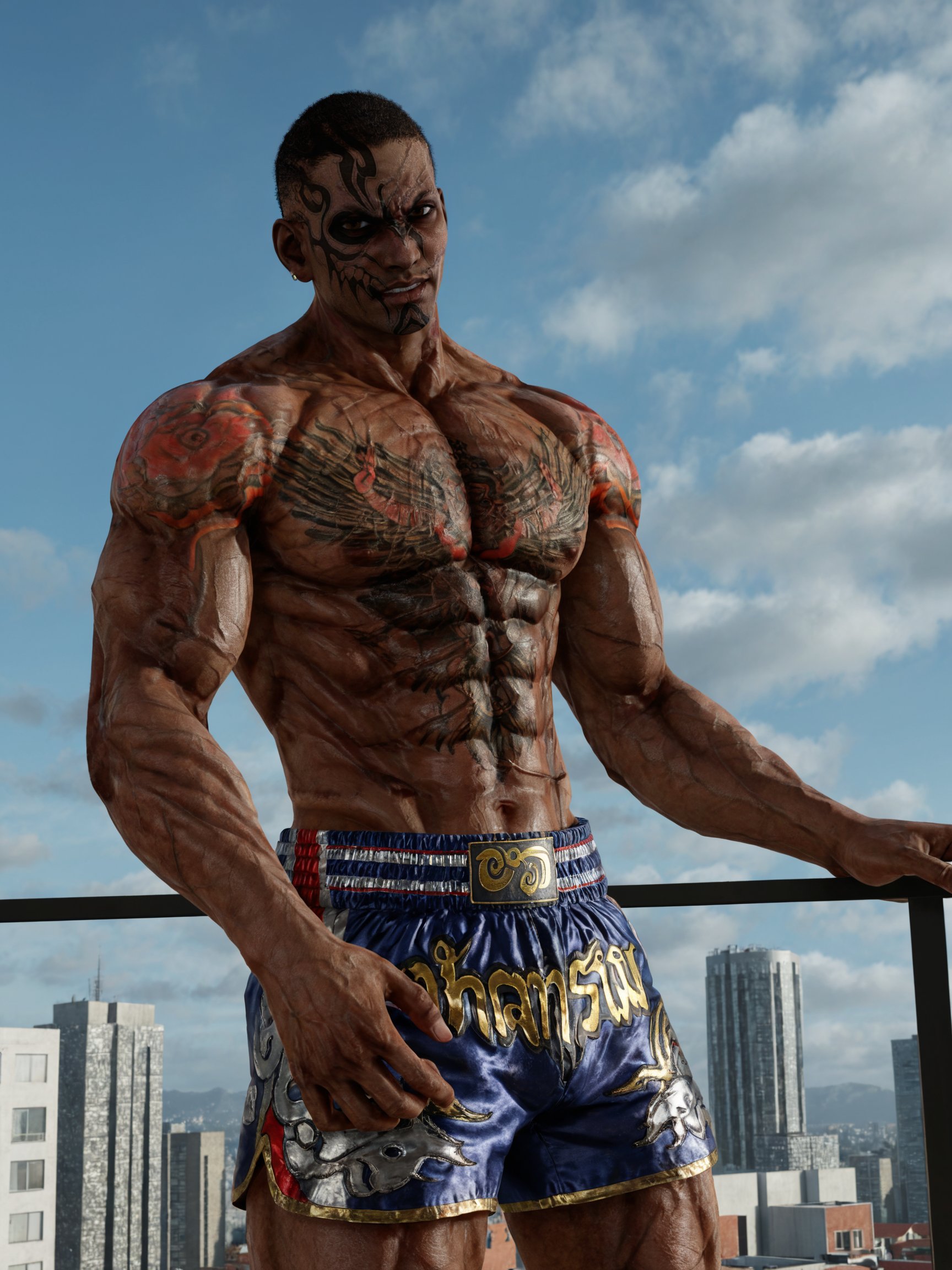 anatomically correct, upper body, fahkumramsd, tattoo, very dark skin, dark-skinned male, muscular, bodybuilder, shorts, zPDXLxxx, dynamic pose, on balcony in the countryside, light smile,<lora:Fahkumram-XL-TT1ALM:0.8> <lora:add-detail-xl:0.8>