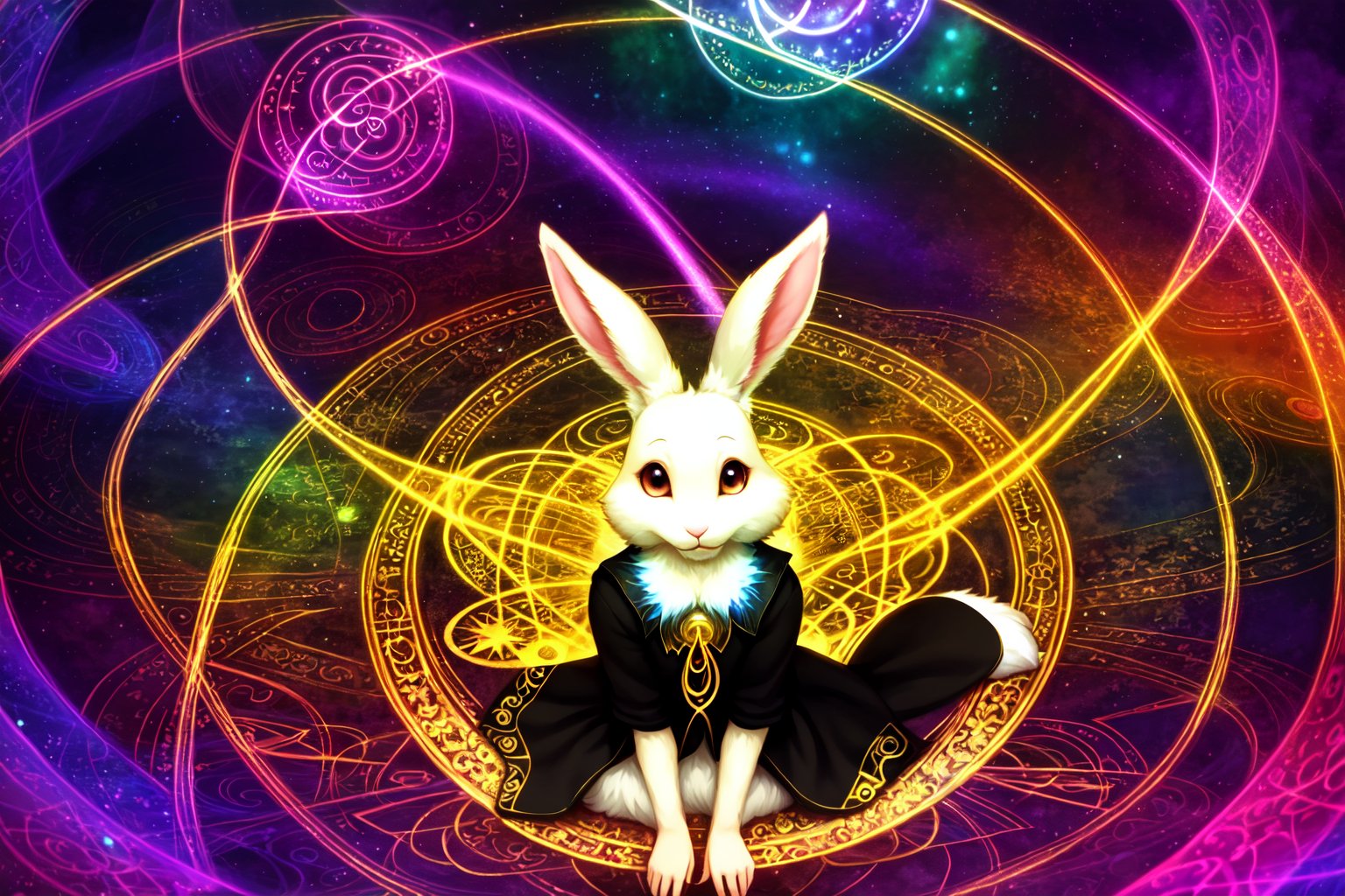 haru, furry female anthro, rabbit girl, white fur, petite, (body fur:1.2), detailed fluffy fur, smile, black eyes, (chibi:0.9), many rings, cute, adorable, (shirt),best quality, masterpiece, illustration, ultra-detailed, beautiful detailed eyes, (1girl:1.3),magician, enchanting spell, high-angle view, magical forest, otherworldly beauty, casting pose, invocation effects, soft and ethereal light, fantastical atmosphere, mystical creatures, empowering allies, enhancing abilities, elemental magic, swirling energy, pulsating aura, determination, support, vibrant colors, glowing runes, levitating, swirling leaves, teamwork, magical bonds, protective shield, guiding light, shimmering particles, enchanted surroundings, harmony with nature, hope, wisdom, ancient secrets, celestial beings, arcane knowledge, mystic symbols, spellcasting, elemental forces,(lamia:1.3), black with gold stripe tail, black and gold patterns,([Dark], extreme contrast, extreme vibrance),vibrant colors, contrast,soft lighting, soft shadows, detailed textures, dynamic lighting,<lyco:haru-v1-locon:0.6>