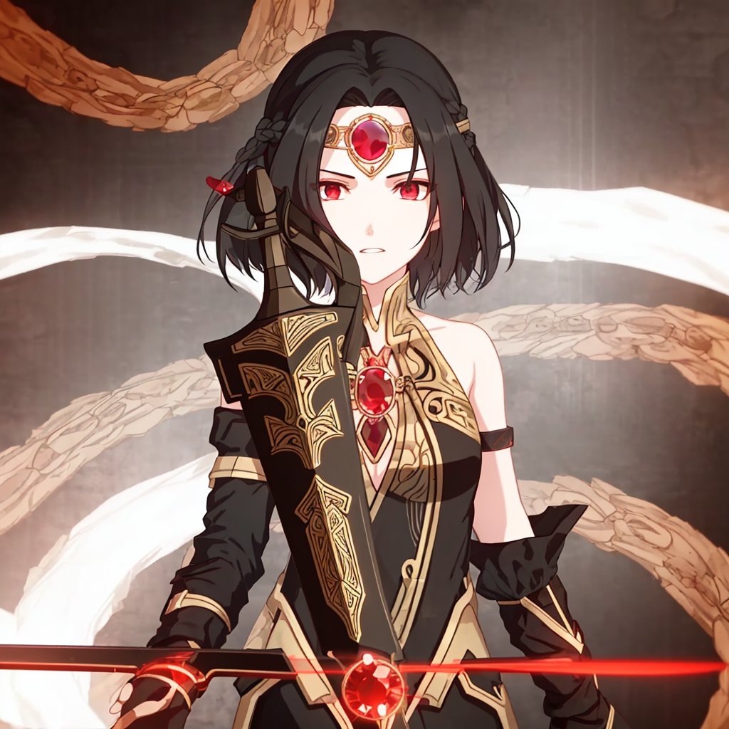 circlet, gem, hair ornament, holding weapon, red eyes, weapon, short hair, sleeveless, black hair, 1girl, solo<lora:姬麟黑:0.8>