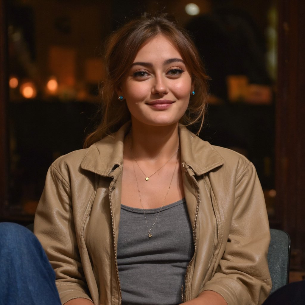 A portrait of ella_purnell seated in a dimly lit indoor setting. She wears a beige leather jacket over a gray top and a necklace with a pendant. Her hair is pulled back into a ponytail, and she wears a pair of turquoise earrings. Her expression is calm and contemplative, with a slight smile. The background is blurred, but it appears to be an indoor setting with warm, ambient lighting, creating a cozy ambiance.