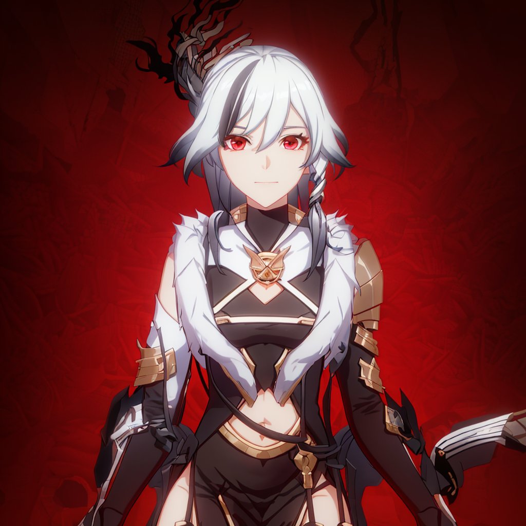 red eyes, feathers, gloves, fur collar, shoulder armor, gauntlets, armor, torn clothes, blanket, yellow scrunchie, skirt around one leg, lace panties, hair between eyes, high heels, black feathers, toeless legwear, fu hua, very long hair, multicolored hair, fur trim, silver hair, pelvic curtain, hair ornament, thighhighs<lora:识之律者-黑羽之鸢-2.0:0.8>