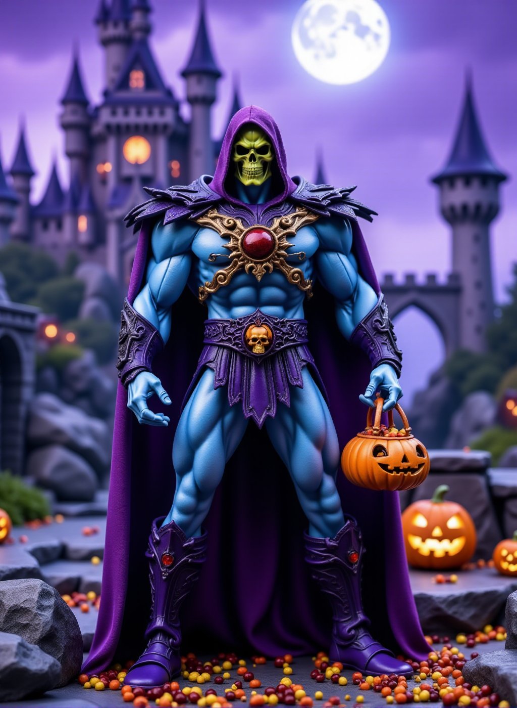 Skeletor, Skull face and blue skin is standing holding  a halloween pumpkin basket filled with candy in front of Grayskull castle. Halloween scenery <lora:Skeletor:0.9>