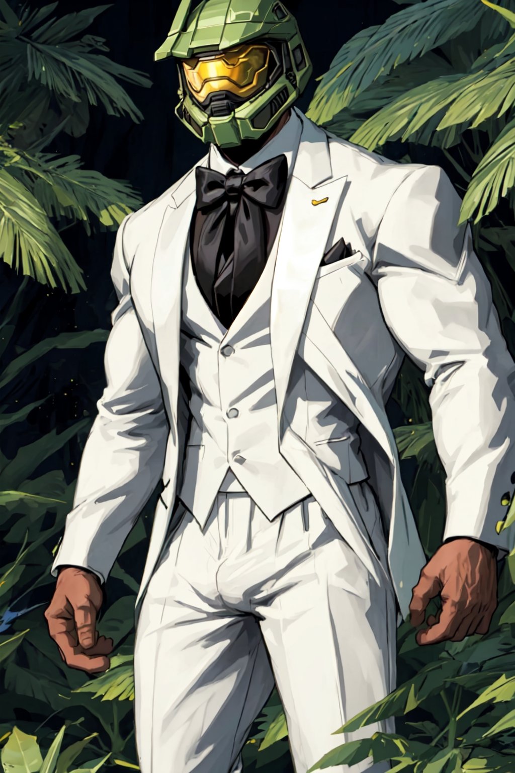 1boy,muscular,<lora:MaskedMale_Mixed:0.7>,(masterpiece, best quality),skinny,jungle,master chief,suit,tuxedo,formal_dress,