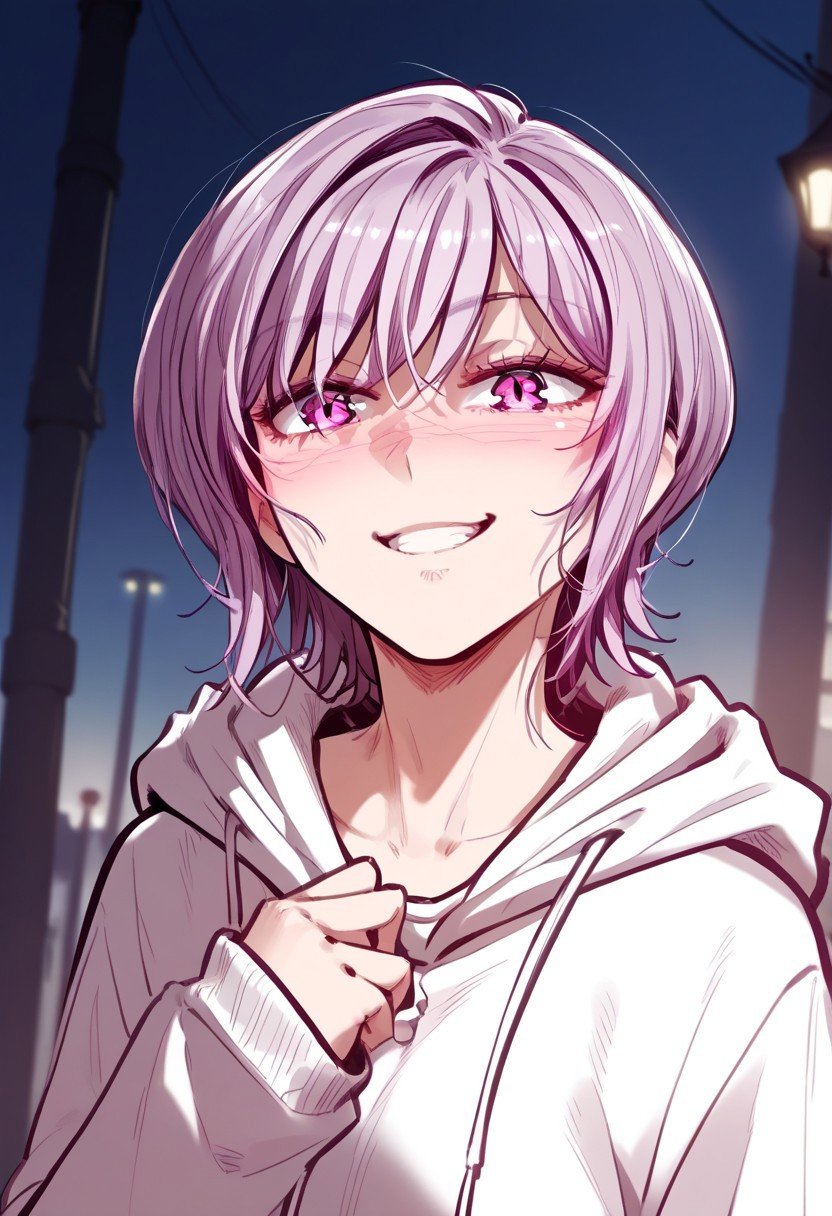 zPDXL2, score_9_up, score_8_up, score_7_up, (Anime_source), high detail face, best quality, absurd res, 1girl, YingXi, pink eyes, lavender hair, short hair, shirt, sweatshirt, streetlights, upper body, dutch angle, from above, smile, little blush