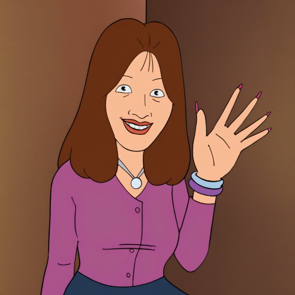 Donna, brown hair, long hair, black eyes, lipstick, silver necklace, purple shirt, long sleeves, button-up shirt, pink fingernails, bracelets, dark blue skirt, sitting, upper body focus, smile, looking at viewer, waving,