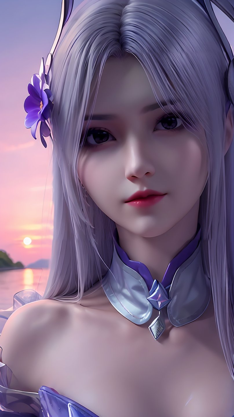 xiaoyixianlp,1girl,solo,hair ornament,closed mouth,long hair,expressionless,realistic,fake collar,purple dress,shoulders,upper_body,beautiful and delicate water, the finest grass, very delicate light, nature, painting, water spray, breeze, flowers and grass meadow, near the water edge, (sunset, starry sky in a circle), randomly distributed clouds, river, splashing water, falling petals,wings,