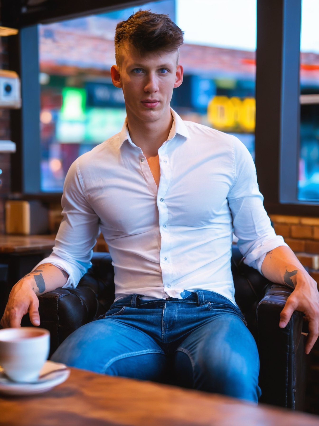 score_9, score_8_up, score_7_up, solo, photo, \(medium\) <lora:(Je0rg)SDXL:1> (Je0rg),a photorealistic candid still, sitting at a cafe, jeans and white button down dress shirt, (fit 20 year old twunk), muscular fit build, skinny waist, light blue eyes, clean shaven, smooth everywhere, RAW photo, detailed photo, gorgeous, shallow depth of field, bokeh, vibrant saturated color, volumetric lighting, iridescent skin, (surreal:0.4), hyper detailed photorealistic life-like accurate proportional 8k sharp focus, (accurate cinematic lighting), photorealistic detail, (selective focus:0.6)<lora:add-detail-xl:0.7>