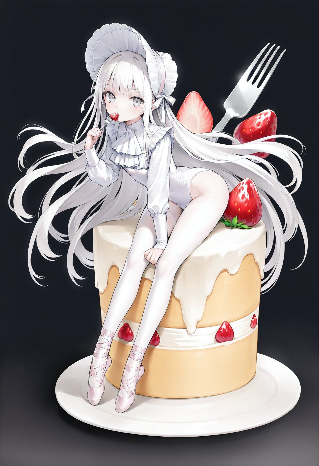 fork, food, solo, fruit, strawberry, 1girl, long hair, white hair, black background, knife, bonnet, frills, very long hair, looking at viewer, white eyes, full body, cake, oversized object, white ascot, leaning forward, leotard, mini person, ascot, simple background, grey eyes, white theme, holding fork, minigirl, white leotard, ribbon, ballet slippers