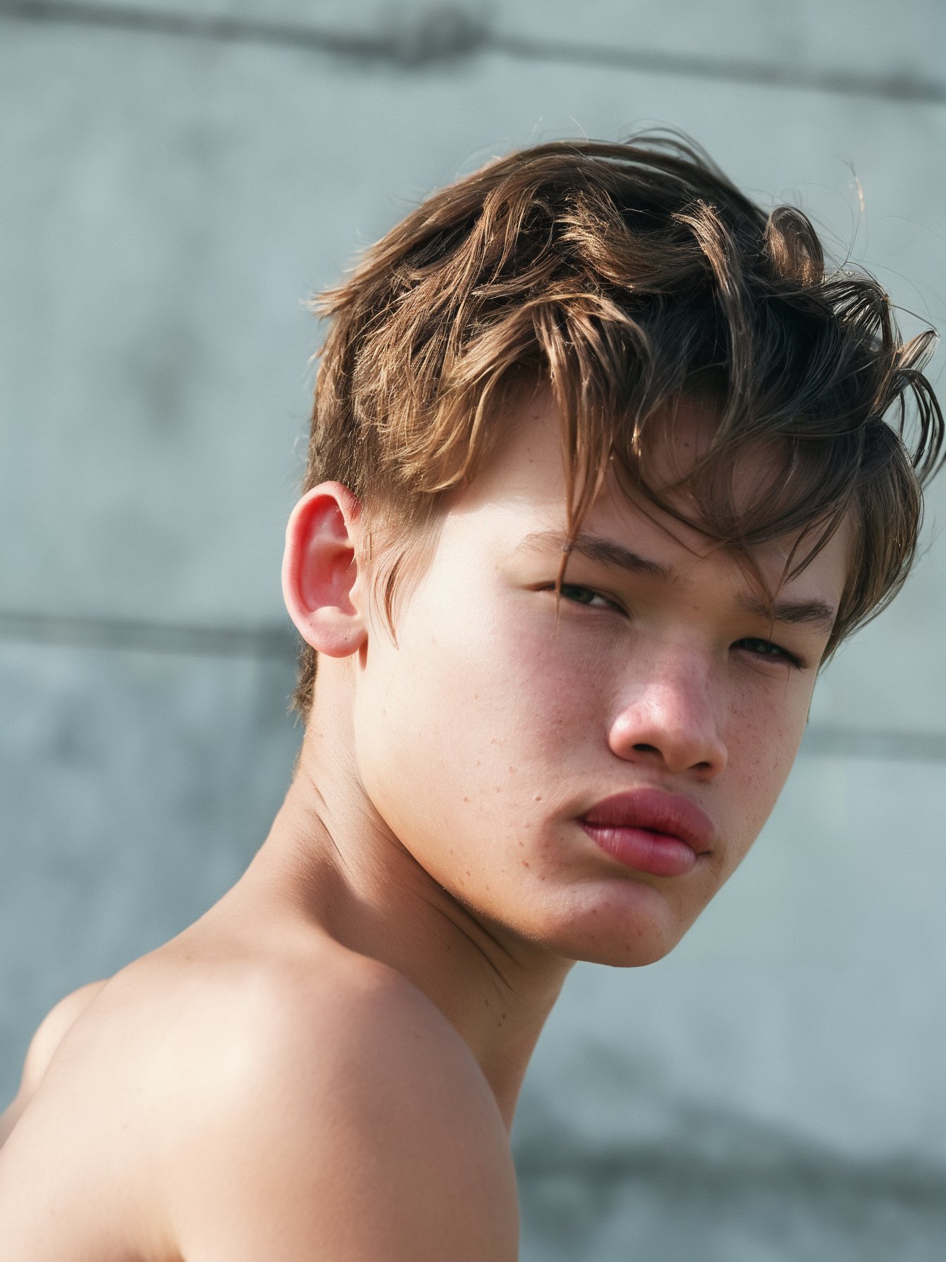 score_9, score_8_up, score_7_up, solo, photo, <lora:NG(n4tang0ldmann)SDXL:1> (n4tang0ldmann), teen boy, model, full thick lips, realistic, solo, male focus, 1boy, brown hair, blurry background, mole, blurry, short hair, closed mouth, portrait, lips, closed eyes, nude, upper body, freckles, realistic, hyper detailed photorealistic life-like accurate proportional 8k sharp focus, accurate cinematic lighting, photorealistic detail