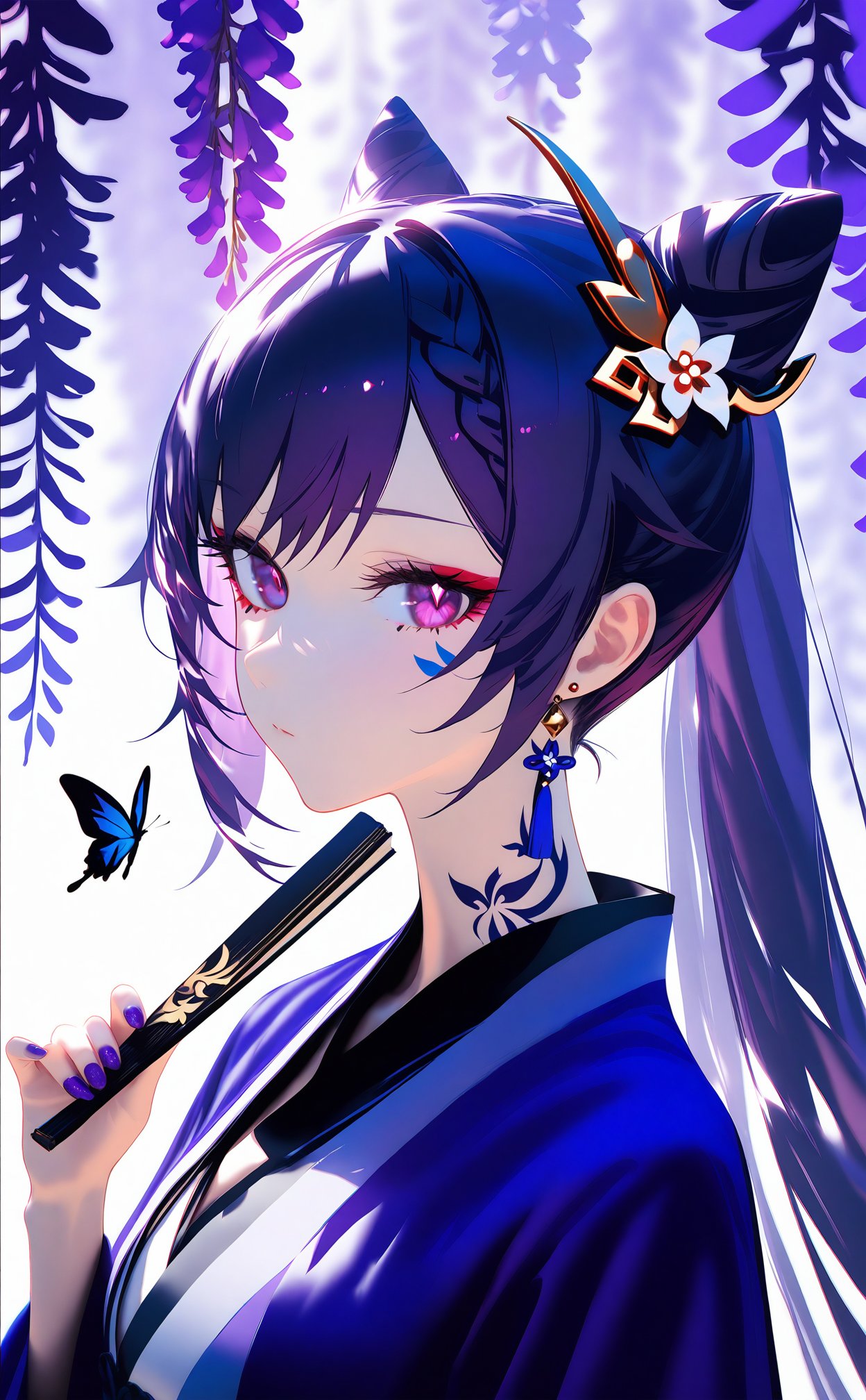 masterpiece,keqing \(genshin impact\),1girl,hair ornament,flower,jewelry,earrings,hand fan,purple hair,butterfly,cone hair bun,solo,hair bun,bug,folding fan,hair flower,holding fan,purple eyes,purple nails,looking at viewer,braid,long hair,holding,upper body,covering own mouth,nail polish,folded fan,alternate costume,butterfly tattoo,wisteria,chinese clothes,purple theme,sideways glance,facial mark,white flower,long sleeves,tattoo,blue butterfly,twintails,purple butterfly,double bun,sidelocks,diamond \(shape\),covered mouth,drop earrings,hanfu,tassel,hand up,diamond-shaped pupils,hairpin,facial tattoo,hair ears,ponytail,