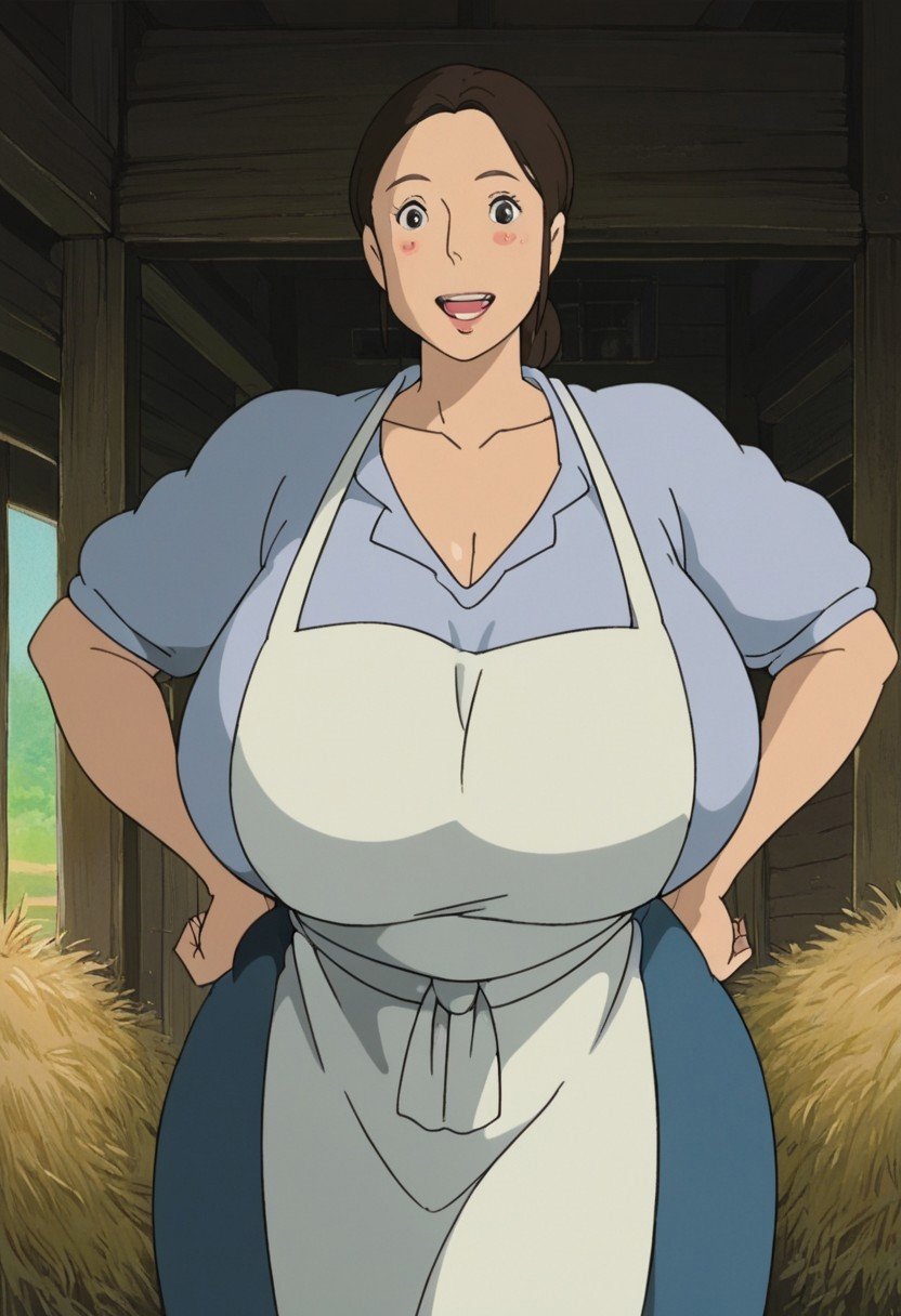 1girl, mature woman, gigantic breasts, wide hips, thick_thighs, chubby, black_eyes, black_hair, blush, collarbone, curtained_hair, high_ponytail, looking_at_viewer, medium_hair, farmhouse, shirt, big smile, open mouth, teeth, solo, thighs, (huge long skirt), white_shirt, (big_white_apron:1.3), upper body, hands on hips, score_9, score_8_up, score_7_up