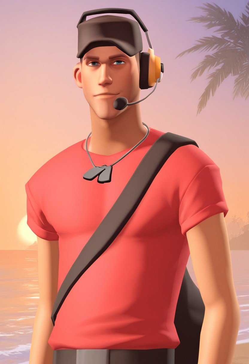 score_9, score_8_up, score_7_up, score_6_up, score_5_up, score_4_up, BREAK , solo, 1boy,ingame, team fortress 2, skinny body, slim body, twink, male focus, Expressiveh,tf2_scout, red team, white socks, black shoes, brown pants, red shirt, posing for photo, dogtags, black hat, headphones,bag,standing, best aesthetic, upper body view, beach background, palm trees, in front of viewer, looking at viewer, dusk, sunset,