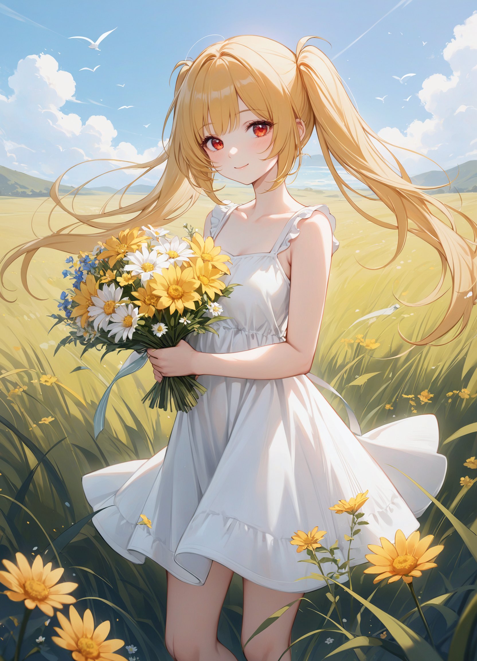 1girl,solo,smile,closed eyes,wearing a sundress and holding a bouquet of wildflowers,standing in a field of tall grass with a soft breeze blowing through. The scene should capture the whimsical and carefree style of Sakimichan,with a sense of peace and tranquility in the air best quality,masterpiece,cute:1.2,yellow hair,red eyes,twintails,bangs