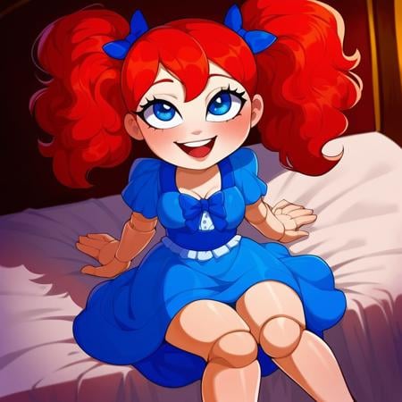 poppy (poppy playtime) , blue eyes , blue dress , red hair , doll joints, 1girl, solo, short, front view, medium breasts, sitting on bed, half closed eyes, open mouth, smiling, day, short, tiny, score_9, score_8_up, score_7_up, score_6_up, (rating_explicit), source_anime, (2d, 2D artwork), (nsfw),     <lora:playtime:1>