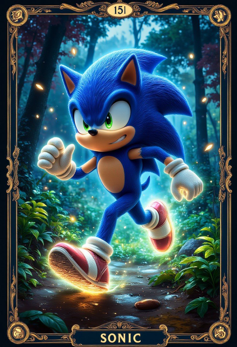 Sonic, running in Green Hill Zone, rings. Tarot Card, glow many details, extreme detailed, full of details, detailmaximizer, aidmaglow, midjourneyv6.1