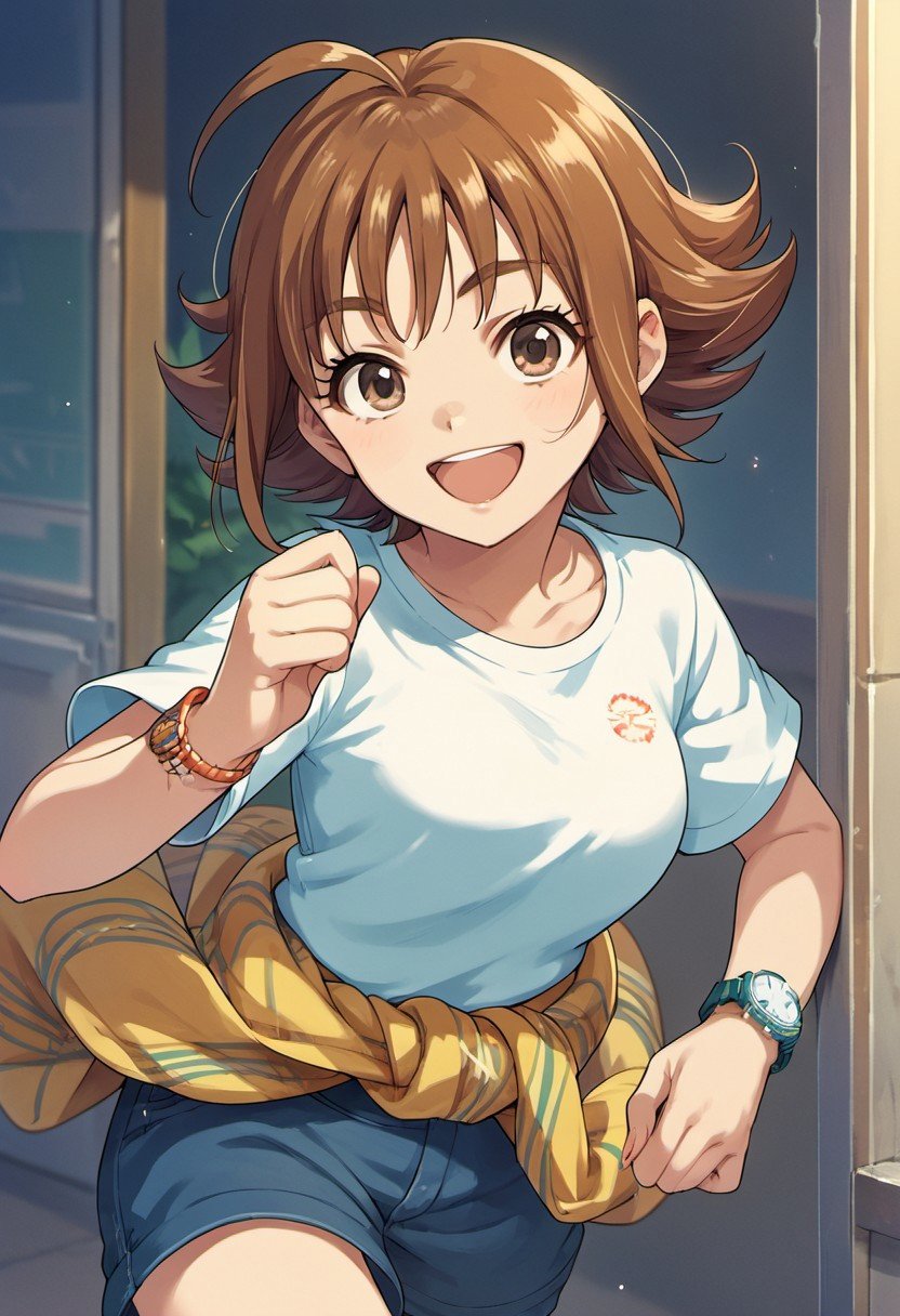 score_9, score_8_up, score_7_up, source_anime, nishijima kai, short hair, brown hair, smile, ahoge, brown eyes, 1girl, solo, flipped hair, jewelry, shorts, bracelet, watch, wristwatch, clothes around waist, open mouth, shirt