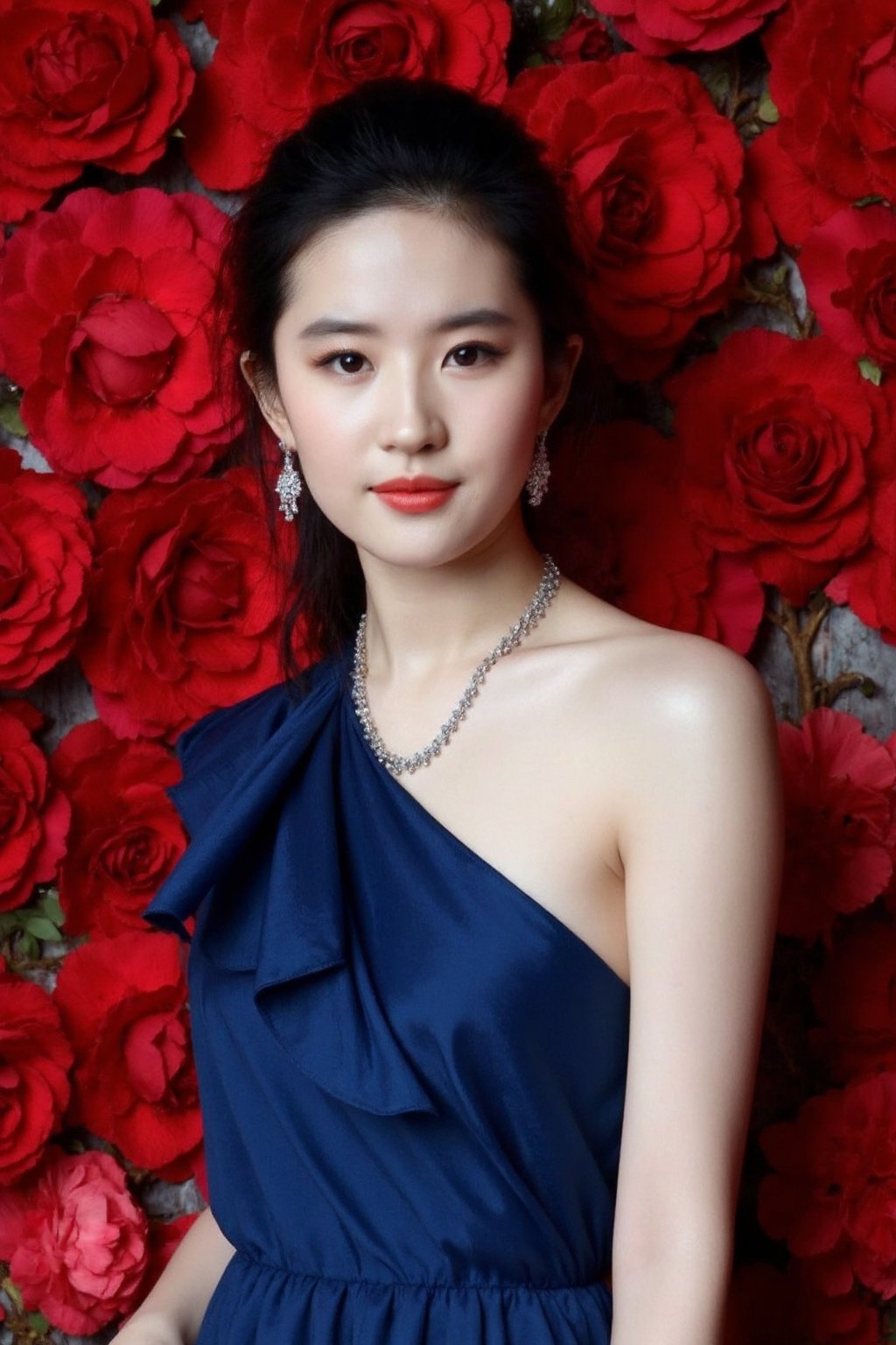 The image showcases a young woman wearing necklace and earrings with pale skin and makeup. She is positioned against a strikingly vibrant silver background, which is filled with large red rose flowers. The flowers dominate the composition, adding a dramatic and intense contrast to her skin tone and overall appearance.The woman is dressed in indigo blue gown, which drapes softly over her shoulders, leaving her upper back and one shoulder exposed. Her expression is calm and slightly mysterious, with her gaze directed slightly to the side, away from the camera. The large flowers, some of which overlap with her figure, create a dreamy and surreal atmosphere, as if she is blending into or emerging from the floral background., <lora:flux_realism_lora:1>, <lora:makinaflux_liuyifei_v1.0:1>