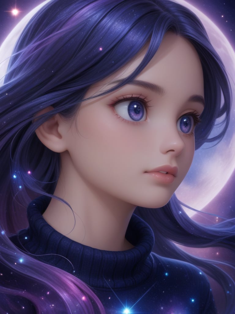 score_9, score_8_up, score_8,highly detailed, intricate, beautiful aesthetic,vibrant, extreme contrast, focus on face, (headshot), close up, view from the side, large eyes, long hair, detailed eyes, detailed hair,cute, girl, baggy sweater, cosmic background, sad, crying, tiers, water drops, floating, in space,moon, stars, atmospheric, lost, magical robes, magical hair,