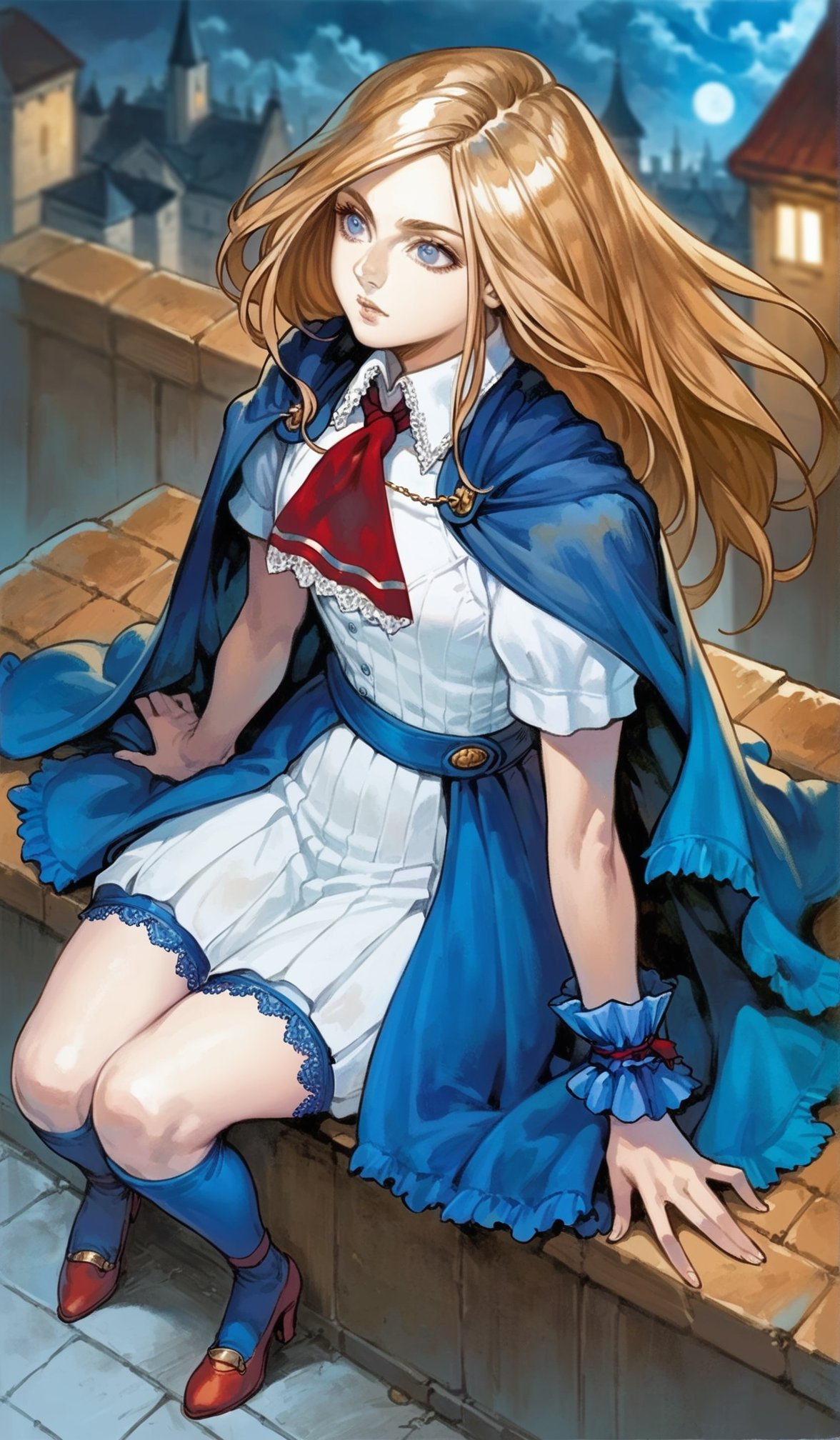 score_9,score_8_up,score_7_up,highres,highly detailed,<lora:CharlotteAulin:1>,charlotteaulin,1girl,solo,brown hair,long hair,blue eyes,blue cape with white lace trim,white thigh length dress,white lace trim collar,red tie with white lace trim,short puffed sleeves,blue wrist cuffs,(blue wrap skirt:1.2),blue lace thigh socks,red heels,full body,sitting,from above,from rooftop,blurry background,vignetting,outdoors,castle,(night:1.2),dark,full moon,dark,light particles,cloudy,rainy days,