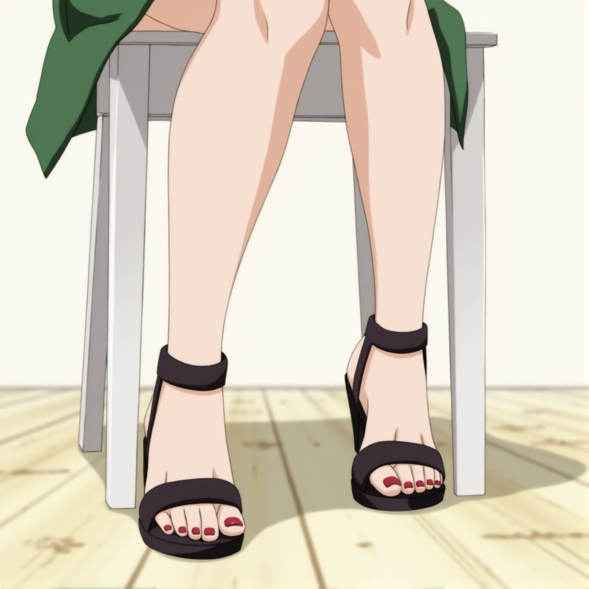 This image is a feet focus digital frontview drawing in the anime style featuring a close-up view of a person's legs and feet. The person is seated on a simple, white wooden chair with a light-colored wooden floor beneath. The chair has a minimalistic design with straight lines and a smooth, untextured finish. The person's legs are spread at the ankles, with their feet resting on the floor. The skin tone is light,toes have red shiny nails, and the legs are wearing black high-heels sandals, showing a smooth texture. The person is wearing a green jacket,  which is visible at the top of the image but not in full view. The background is indoor, creating a clean and minimalist aesthetic. The lighting is bright and natural, casting soft shadows that enhance the contours of the chair and the person's legs. The overall composition is simple and serene, focusing on the natural beauty of the human form and the clean, uncluttered environment.tsunade,tsunade's sandals \(sandals\),<lora:Tsunade_Flux_V1_r1:0.8>