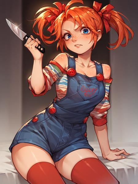 score_9, score_8_up, score_7_up, score_6_up, score_5_up,  <lora:FemChuckyXLP:0.8> femchucky, 1girl, solo, twintails, blue eyes, thighhighs, overalls, orange hair, freckles, large breasts, curvy, knife, 