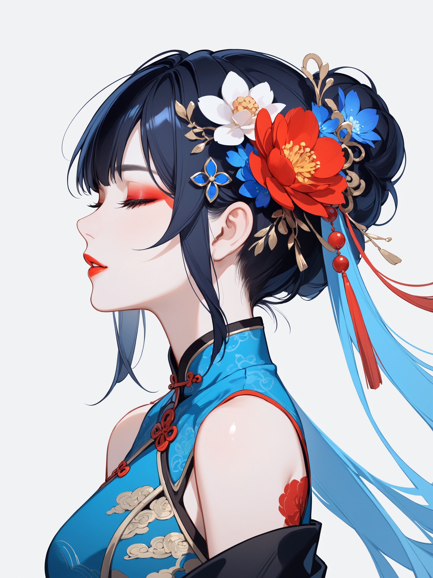 1girl, solo, hair ornament, flower, closed eyes, hair flower, makeup, blue hair, eyelashes, white background, black hair, eyeshadow, lips, profile, parted lips, chinese clothes, red lips, bare shoulders, upper body, lipstick, simple background