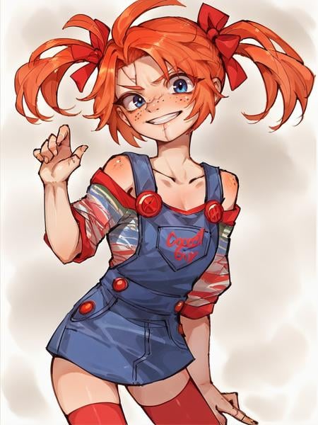 score_9, score_8_up, score_7_up, score_6_up, score_5_up,   <lora:FemChuckyXLP:1> femchucky, 1girl, solo, twintails, blue eyes, thighhighs, overalls, orange hair, freckles, stitches