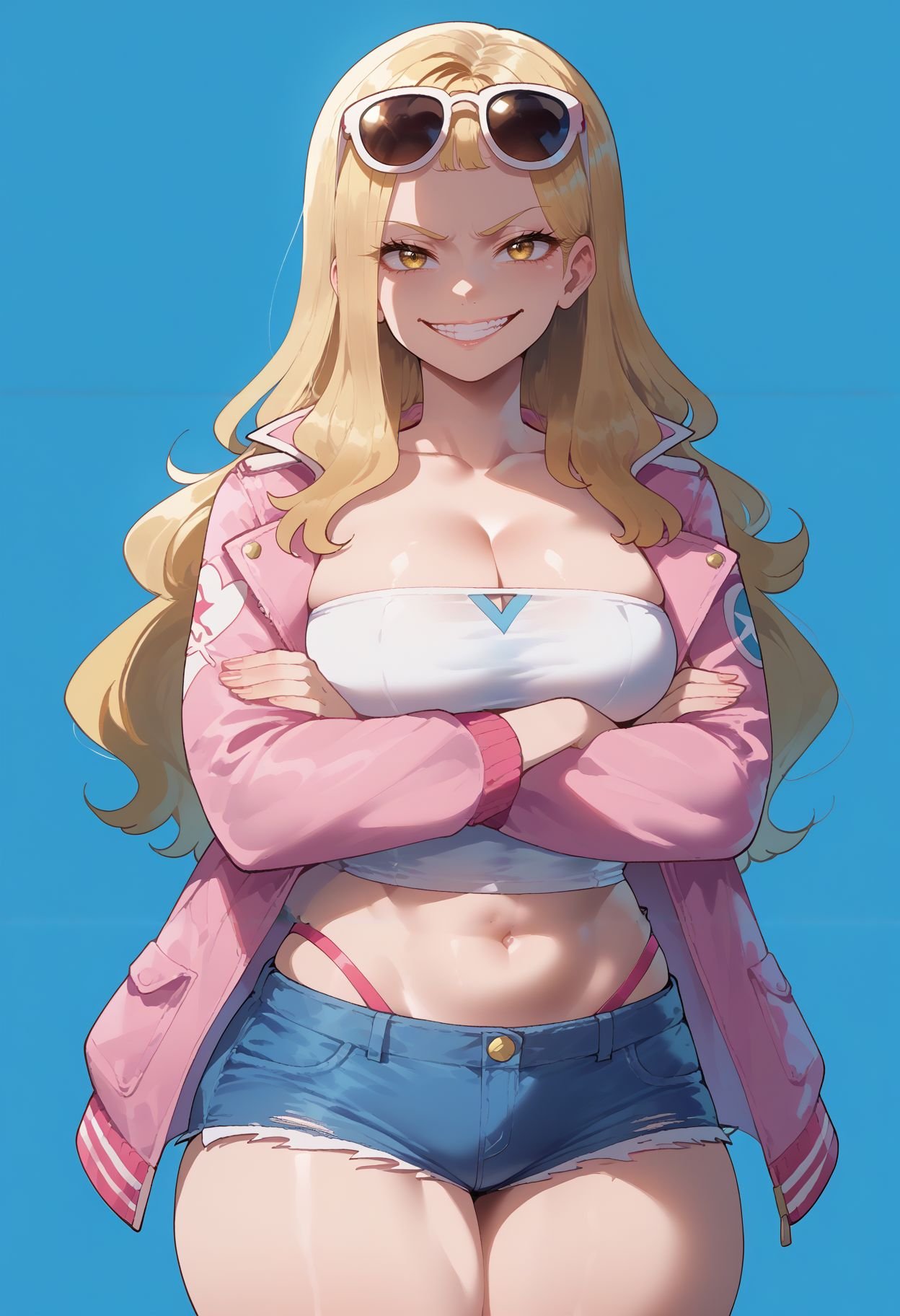 score_9,score_8_up,score_7_up, <lora:nyantcha_style_pdxl_v2_goofy:1> 1girl, large breasts, crossed arms, sunglasses, eyewear on head, denim shorts, jacket on shoulders, long hair, blonde hair, navel, smile, thick thighs, cleavage, pink jacket, yellow eyes, short shorts, pink coat, looking at viewer, tube top, standing, midriff, grin, collarbone, smirk, blue background, cutoffs, glint, strapless