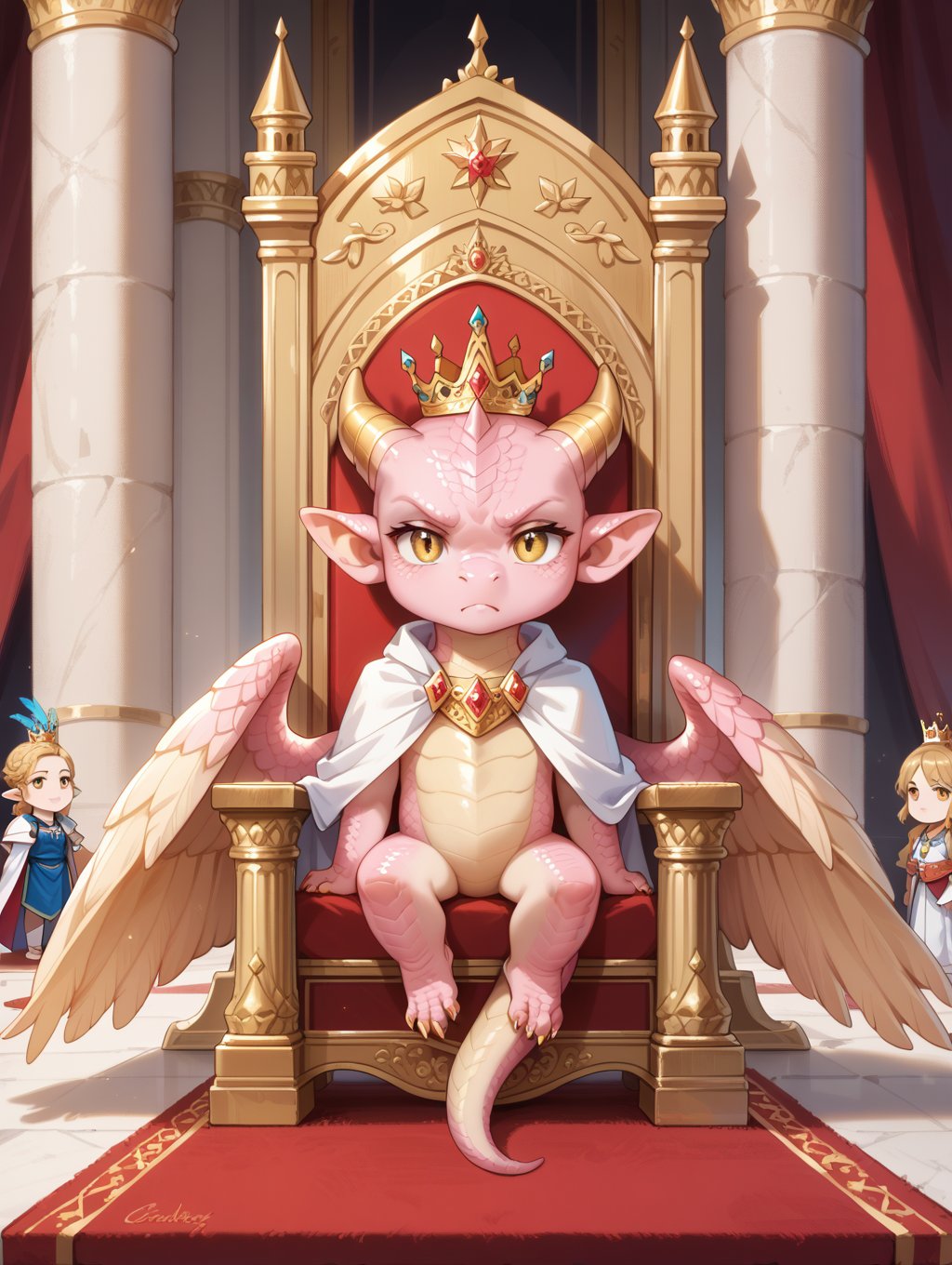 score_9, score_8_up, score_7_up,masterpiece, best quality,palace, throne, red carpet cheeb_drg, chibi, pink scales, (gold underscales:1.1), dragon, sitting, serious expression, white cape, yellow eyes, crown, facing viewer, (feathered wings:1.1), wings, (feathers:1.1) beautiful background, detailed scenery